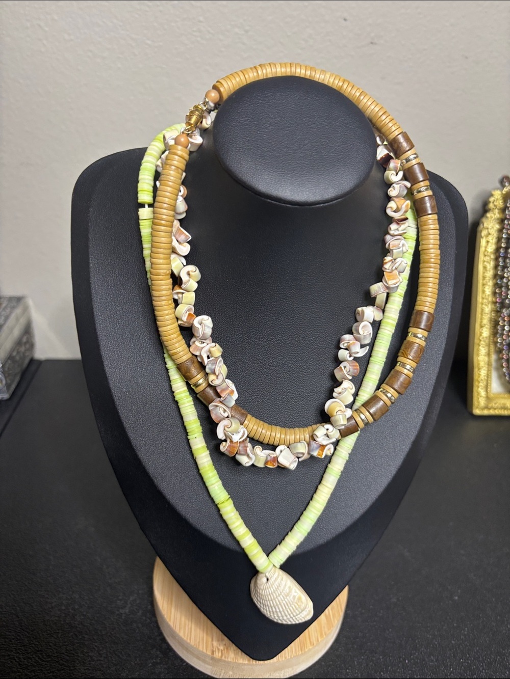 Boho Necklace Bundle of 3 Layered Shell & Bead Necklace Lime Green & Tan Resort